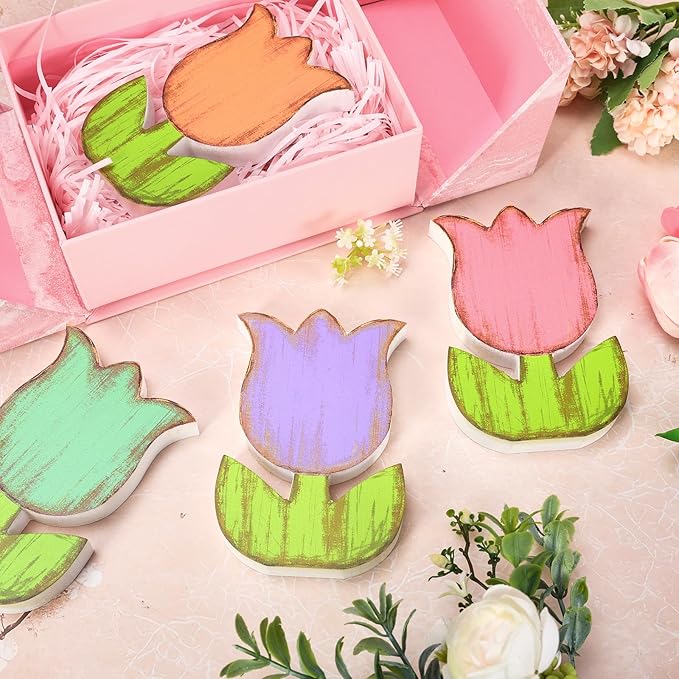 Whaline 4 Pcs Spring Tulip Flower Wooden Table Sign Tabletop Centerpiece Rustic Pastel Colorful Floral Tiered Tray Decor for Party Home Farmhouse Decoration
