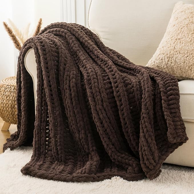Battilo Chunky Knit Throw Blanket for Couch, 50"x60", Chocolate Brown | Hand Knit, Gift Blanket, Cozy Warm Thick Soft Chenille Throw Blanket for Bed, Sofa, Chair, Living Room