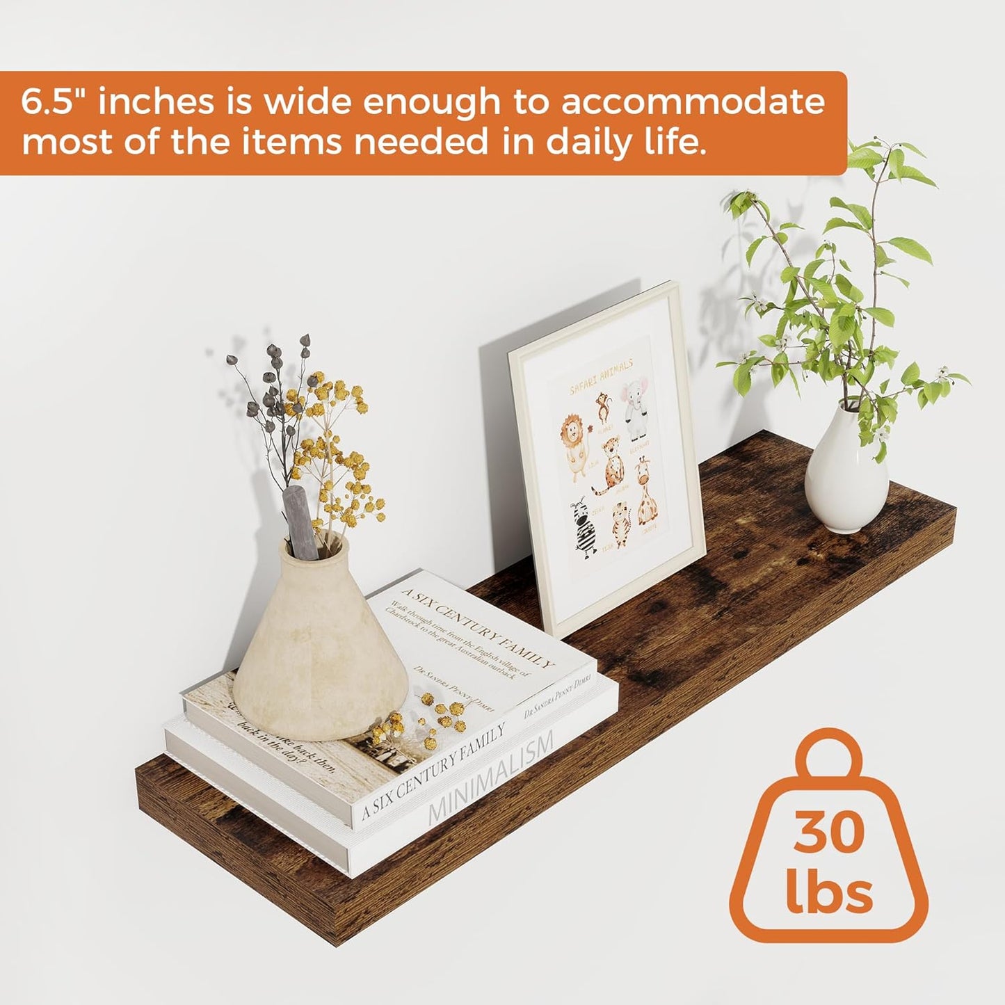 Fun Memories Floating Shelves for Wall, 22.5" Rustic Wood Deep Wall Mounted Shelves with Invisible Brackets for Decor & Storage, Floating Shelf for Living Room, Bathroom (Rustic Brown, Set of 2)