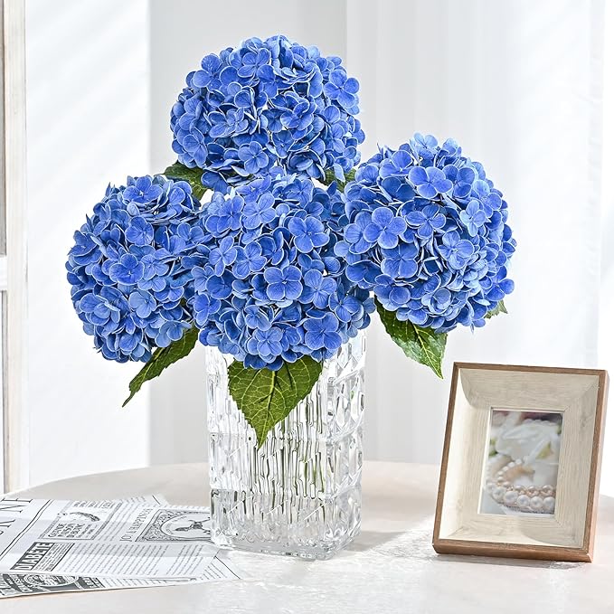 MARTINE MALL 3Pcs 21in Hydrangea Artificial Flowers, Latex Real Touch Hydrangeas Lifelike Large Hydrangea Flowers for Home Decor Party Arrangements Wedding Bouquets Centerpieces (Dark Blue)