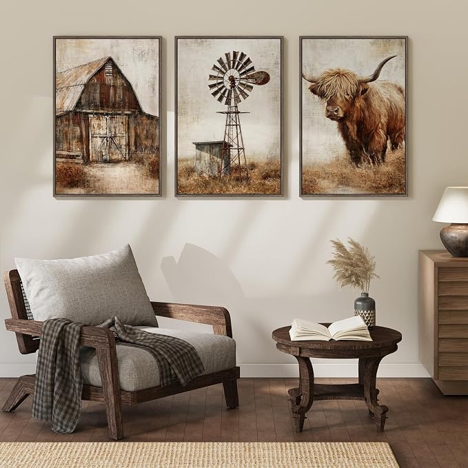 Framed Farmhouse Cow Wall Art for Living Room, Large Vintage Country Highland Cow Canvas Paintings Wall Decor Set of 3, Retro Rustic Country Pictures Prints for Bedroom Dining Room Hallways Office 20x30 In