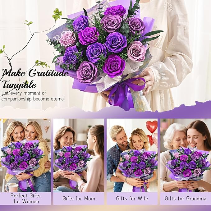 Flowers for Delivery Prime 12 Roses, Mothers Day Flowers for Mom, Mothers Day Gifts, Forever Roses Preserved Purple Flower Bouquet Eternal Rose Birthday Gifts for Women Gf Gifts Wedding Anniversary