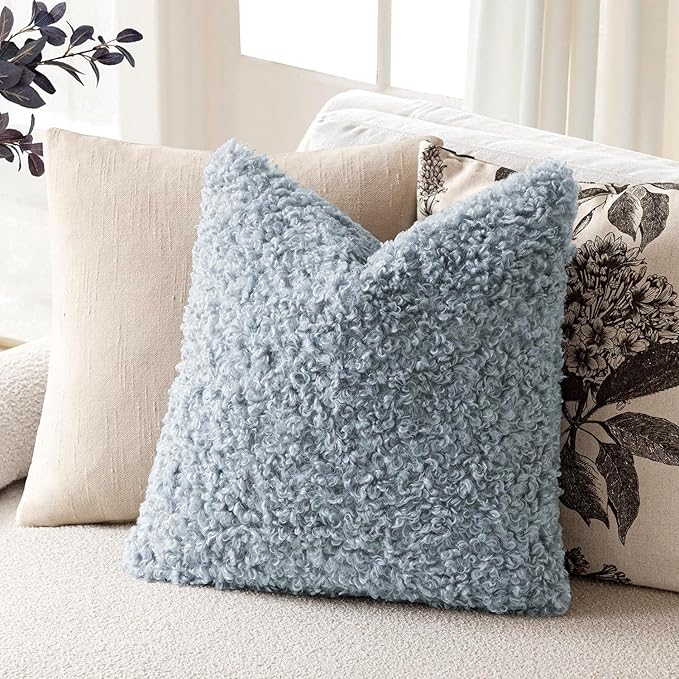 Foindtower 2 Pieces 16x16 Inch Misty Blue,Faux Fur Throw Pillow Cover Accent Sherpa Furry Pillow Covers Fuzzy Soft Pillowcases Cozy Sheepskin Decorative Fleece Cushion Case for Bed Couch Living Room