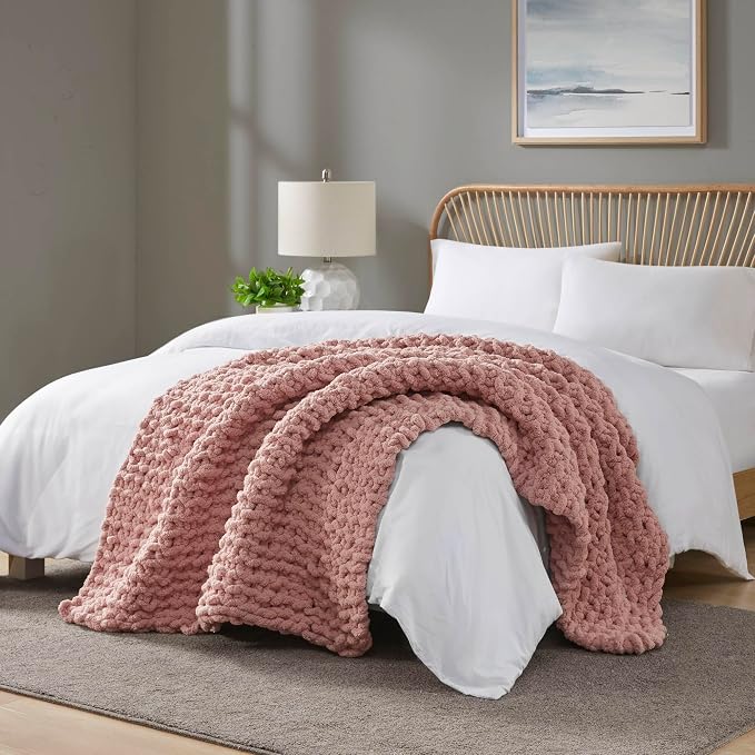 Madison Park Chenille Chunky Knit Handmade Throw Blanket, Luxuriously Soft Gift Blankets, Cottage Style Room Décor, Lightweight & Breathable All Seasons Throw Blanket for Couch, 50" W x 60" L Blush