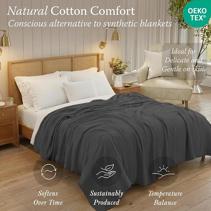 Threadmill Muslin King Blanket | Lightweight Blankets for Bed or Couch | 4 Layer 100% Cotton Gauze Blanket | Pre Washed, Soft, Breathable, and Cozy for All Seasons | Fits Cal King Size Bed | Dark Grey