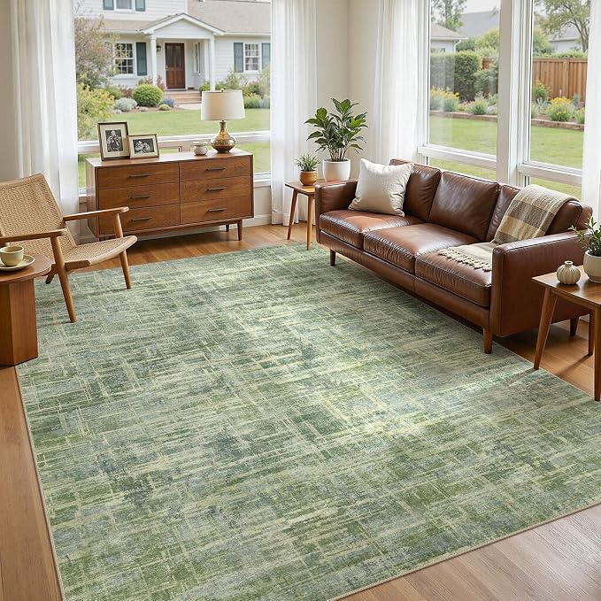UERMEI 9x12 Washable Area Rug for Living Room: Modern Neutral Abstract Large Soft Low Pile Carpet Non-Slip Pet Kids Friendly Indoor Decor for Bedroom Dining Room Home Office Nursery Green