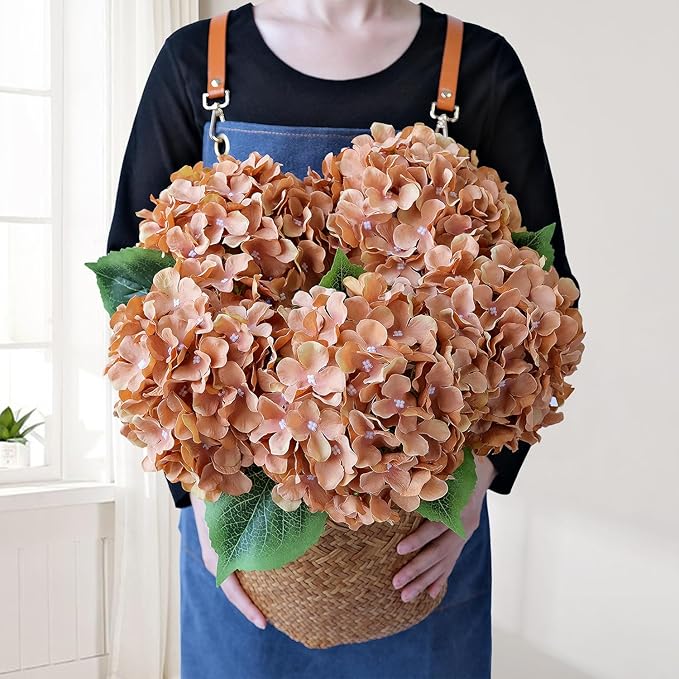 JINWOE 5Pcs Silk Hydrangea Artificial Flowers, 20Inch Large Lifelike Boho Flowers,Artificial Hydrangeas for Indoor Bouquet Table Centerpieces Floral Arrangements Home Wedding Home（(Brown Yellow)）