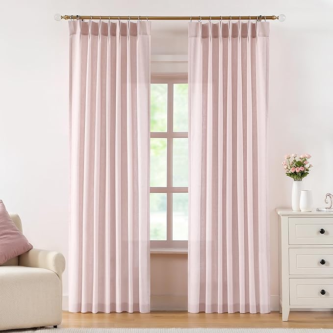 Central Park Pink Pinch Pleat Light Filtering Window Curtain Panels with Microfiber Liner Linen Blended Textured Privacy Drape 84 Inch for Living Room Bedroom with Back Tabs Hooks, 40"Wx84"L, 2 Panels