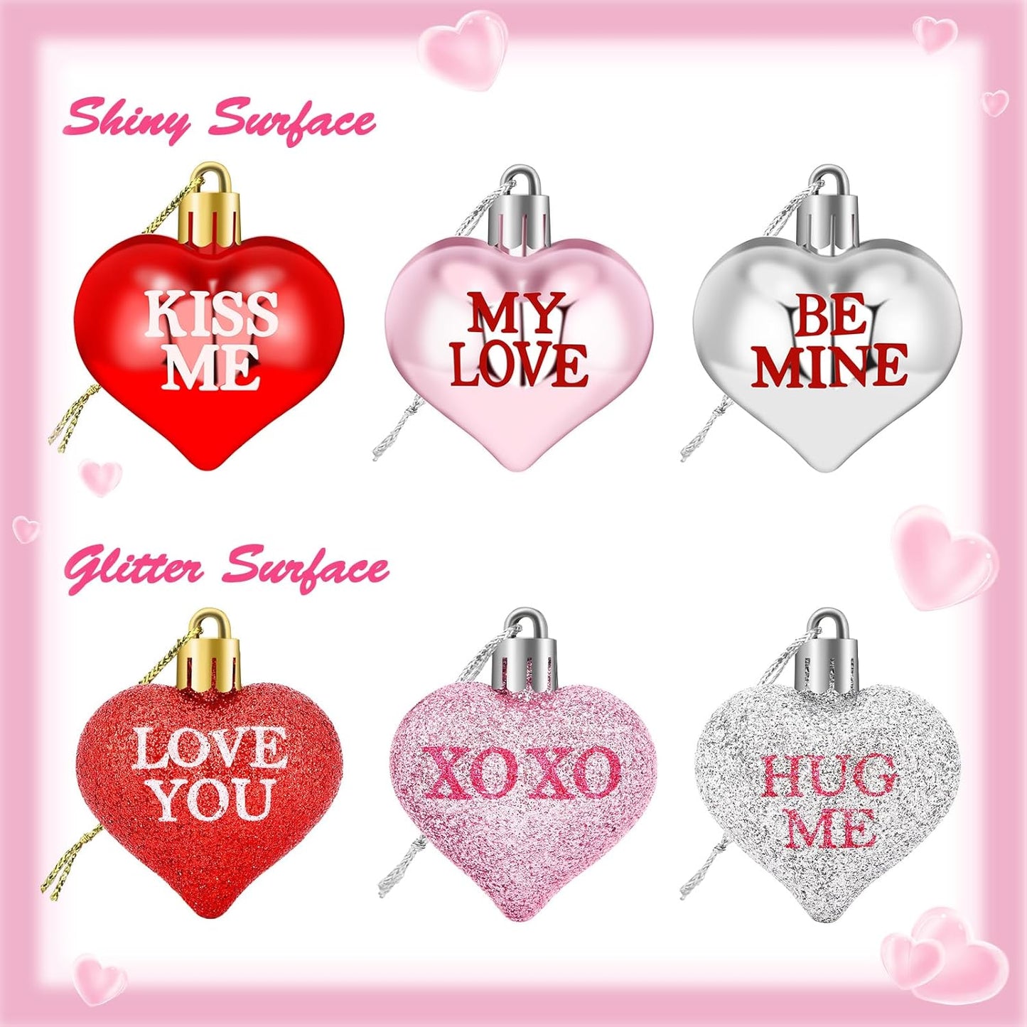 JULMELON 24Pcs Valentine's Day Heart Shaped Ornaments Romantic Valentines Conversation Heart Hanging Ornaments Decorations for Home Party Wedding Decor (Red, Pink and Silver)