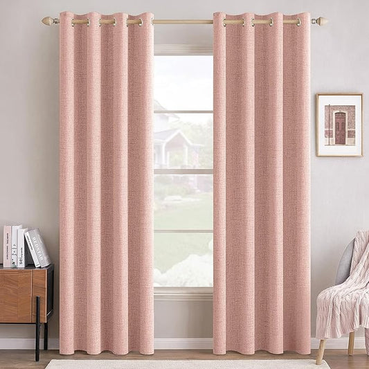 MIULEE 100% Blackout Linen Curtains for Bedroom Thermal Insulated Blush Pink Grommet Room Darkening Curtains & Drapes for Living Room Nursery 52 x 84 Inch (2 Panels)