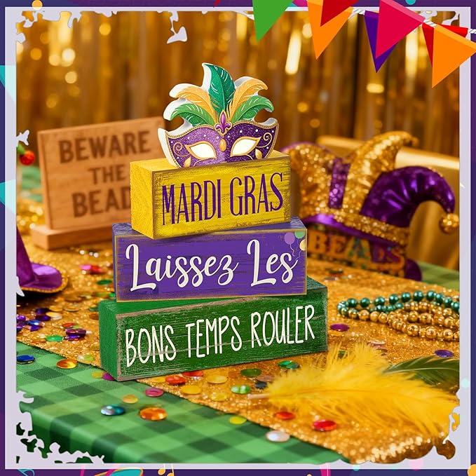 Lineshading 4 Pcs Mardi Gras Table Decorations Wooden Mask Purple Golden Green Carnival Tiered Tray Decor Mardi Gras Centerpieces Decorative Mask Block Signs Gifts for Masquerade Party Home Kitchen