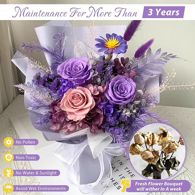 Flowers for Delivery Prime, Mothers Day Gifts for Mom, Preserved Flower Bouquet, Purple Roses Birthday Gifts for Women Her Wife Girlfriend Grandma, Real Forever Flower for Valentines Day Anniversary
