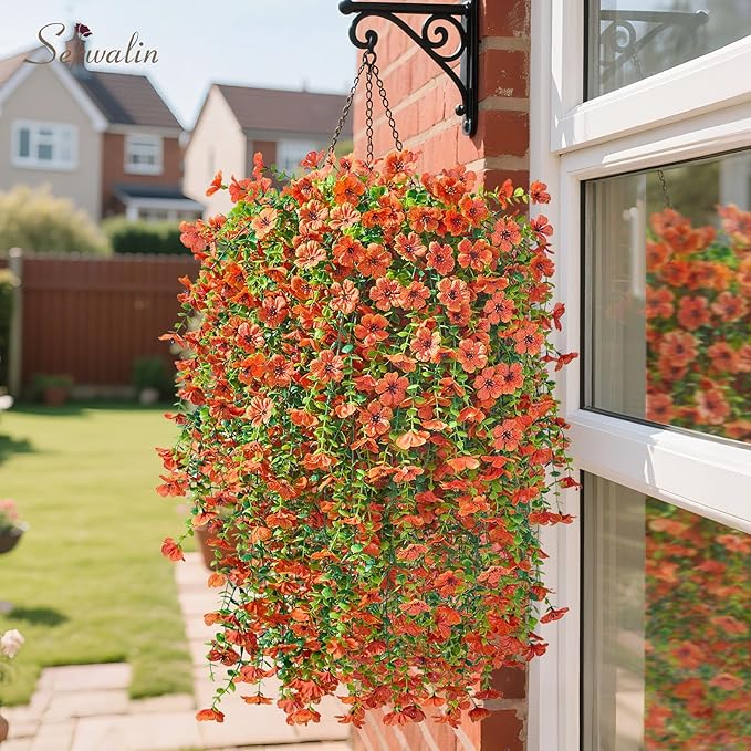 Serwalin 4PCS Artificial Fall Flowers for Outdoors Decoration, Realistic Silk Artificial Fall Hanging Flowers for Patio, Garden, Porch, Window, Outside (Orange,4PCS)