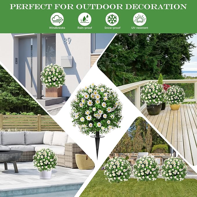 FAJUNZH Artificial Topiary Bushes for Outdoors with Spike, Boxwood Ball Fake Shrubs UV Resistant Faux Plants for Indoor Outdoor Fall Thanksgiving Halloween Decor (Sunflower Boxwood White -2 Packs)
