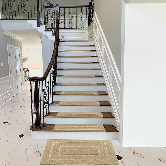 PURE ERA Bullnose Carpet Stair Treads Set Tape Free Non-Slip Indoor Stair Protectors Pet Friendly Rugs 9.5" x 30"(2 Pieces,Khaki Rectangular)