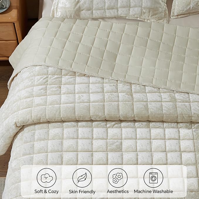 BEDELITE Velvet Quilt Set King Size - Luxury Soft Velvet Comforter Bedding Set for All Season, Lightweight Quilted Box Stitch Oversized Bedspread Coverlet with 2 Matching Shams, Shiny Cream White