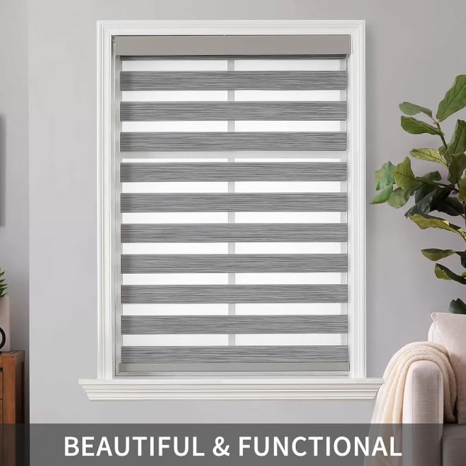 Joydeco Cordless Zebra Blinds (Pro), Dual Layer Light Control Zebra Blinds for Windows, Light-Proof Aluminum Cover, Free-Stop Roller Shades for Home & Office (Gray,22" W x 75" H)