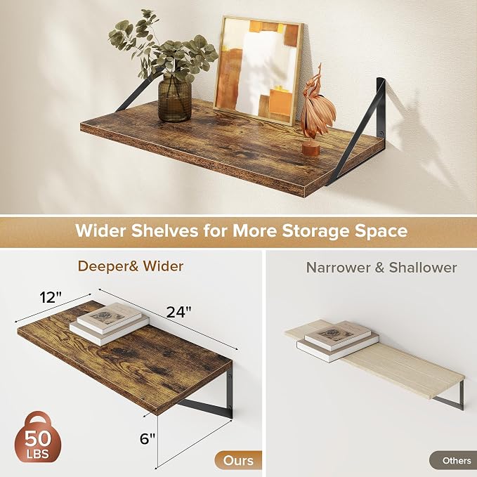 Acovy Deep Floating Shelves Wall Mounted, 24"x12" Brown Wood Shelves with Brackets Set of 2 for Bedroom, Living Room, Bathroom, Kitchen, Office - Storage & Display Shelf for Decor, Books, Plants