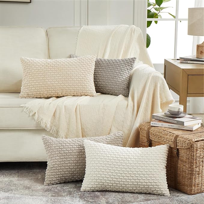 Fancy Homi 2 Packs Cream Long Lumbar Decorative Throw Pillow Covers 12x24 Inch for Couch Bed Sofa, Modern Farmhouse Boho Home Decor, Soft Cute Plush Corduroy Rectangle Cushion Case 30x60 CM