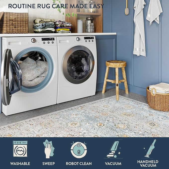 Lahome Flavie Boho Light Blue Area Rug 8x10 for Living Room, Soft Floral Rugs for Bedroom Aesthetic, Washable Floor Carpet Non Slip Indoor for Dining Room Home Decor (Blue/Grey)