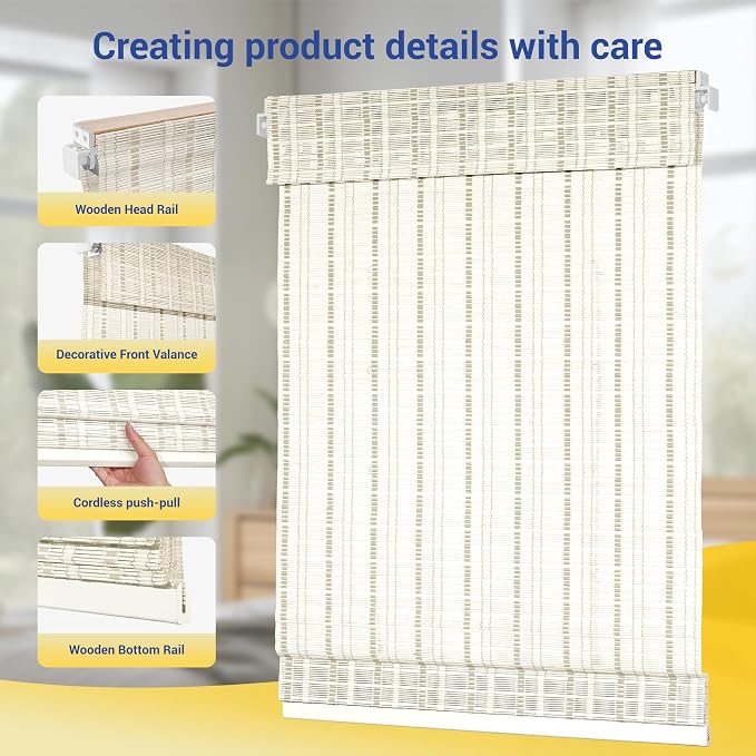 No Drill No Tools Bamboo Roman Shades, Cordless Light Filtering Window Blinds with Valance, Natural Woven Wood Shades for Living Room Dining Room, White（Sheer-View）, 35.5" W x 64" H