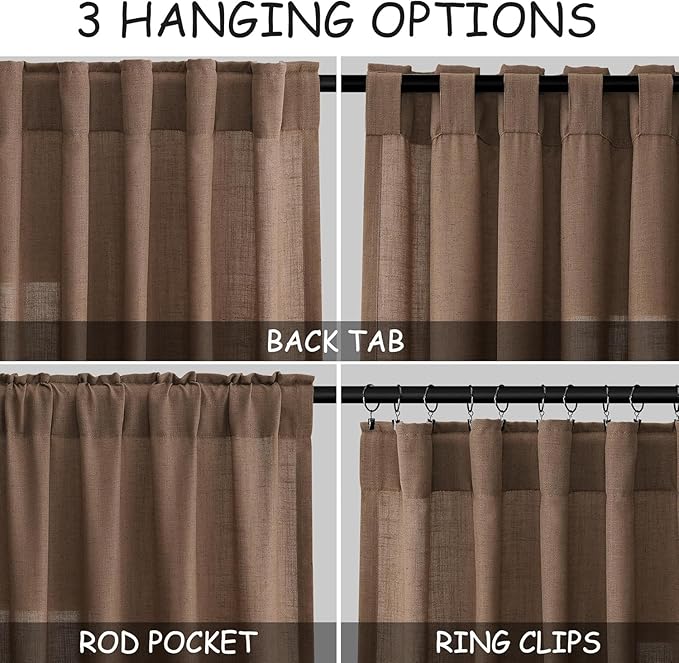 Caramel Brown Linen Curtains for Living Room 94 Inches Long Back Tab and Rod Pocket Light Filtering Semi Sheer Vintage Rustic Curtain Luxury Boho Decor Drapes for Bedroom Office 52x94, 2 Panels