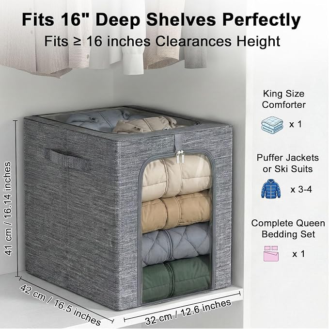 GoMaihe Blanket Storage Bins with Metal Frame, 6-Pack Large Closet Storage Bins with Lid & Clear Window, Comforter Bedding Storage Organizer for Walk-in Closet Cationic Fabric 55L