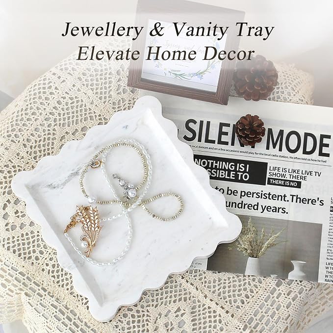 Square Marble Vanity Tray with Scalloped Edge - Natural Marble Perfume Tray Decor for Dresser, Vanity, Kitchen, Home Decor, Decorative Square Stone Tray - White 8 * 8 inch