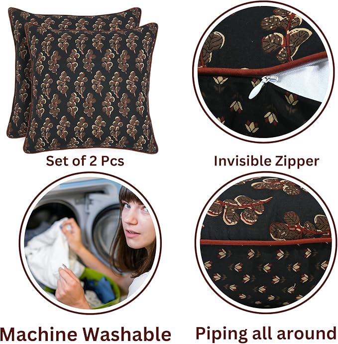 Ridhi Block Print Black Pillow Cover 18" x 18" (Pack of 2) Decorative Couch Pillows for Living Room, Chic Boho Cute Outdoor Pillows Covers Gifts for Spring, Easter and Valentine