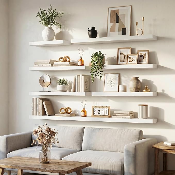 Venusmiles Floating Shelves for Wall, 32 Inch Floating Shelves Set of 2, 6.5" D Wooden Wall Mounted Display Shelves with Invisible Brackets for Living Room, Bedroom, Bathroom, Kitchen Decor, White