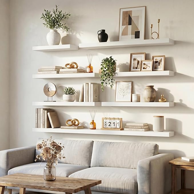 Venusmiles Floating Shelves for Wall, 16 Inch Floating Shelves Set of 2, 6.5" D Wooden Wall Mounted Display Shelves with Invisible Brackets for Living Room, Bedroom, Bathroom, Kitchen Decor, White