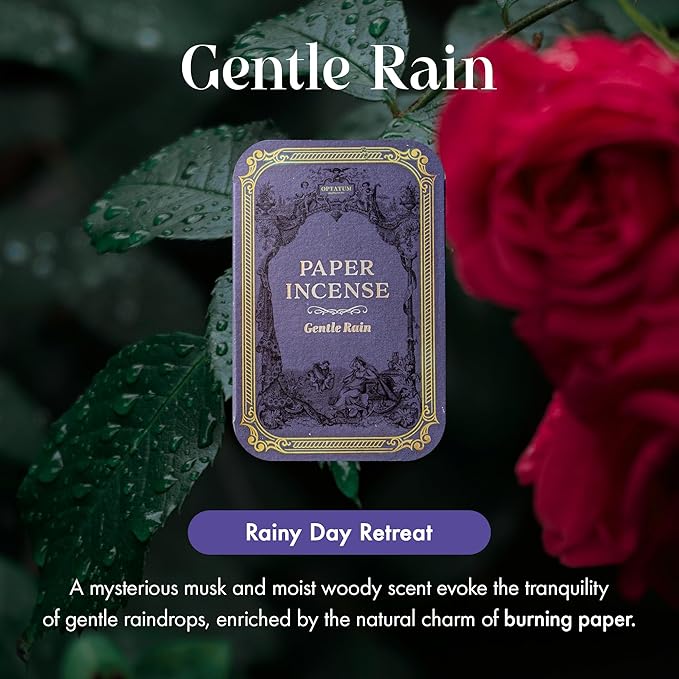 Paper Incense - 48pcs with Vintage Tin Case, Burning Papers Infused with Natural Essential Oils, Quick Usage & Long-Lasting Fragrance, Eliminating Bathroom, Kitchen, Pet Odors - Gentle Rain