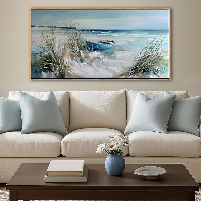 YDYSUNE Blue and White Coastal Wall Art Framed Canvas picture - Beach Ocean Seascape Scenery Painting Artwork for Living Room,Bedroom Decoration Ready to Hang 20x40 Inches
