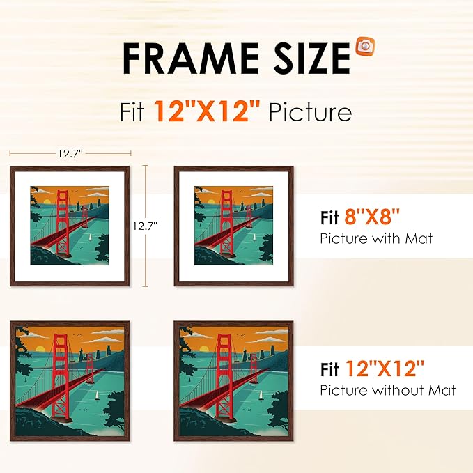 FIXSMITH 12x12 Picture Frame Brown Set of 2, Photo Frame with HD Plexiglass, Display Pictures 8x8 with Mat or 12x12 Without Mat, Brown Picture Frames Collage Wall Decor, Gallary Wall Frame