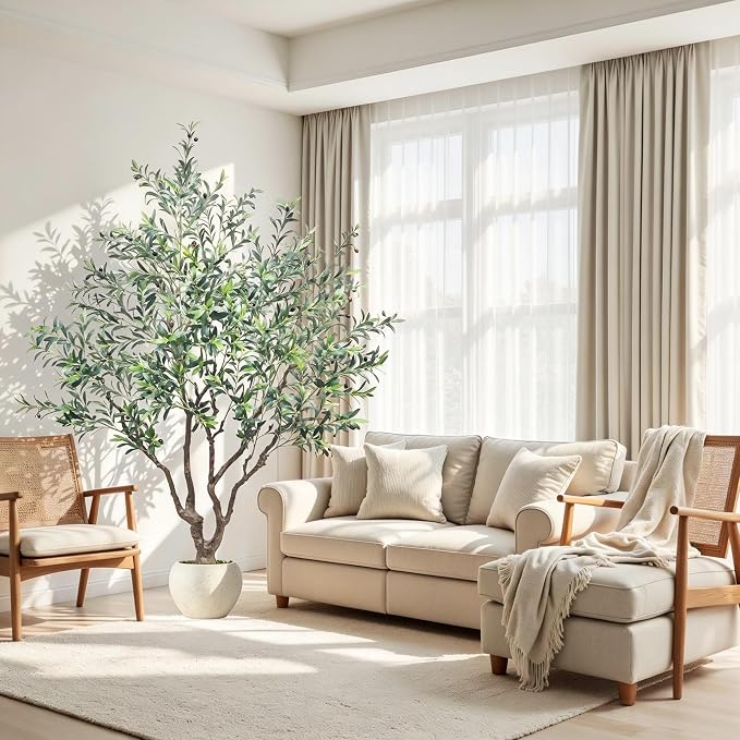 Caxchiling Large Artificial Olive Tree 8FT, Indoor Outdoor Faux Tall Tree | Natural Trunk with Olive Fruits and Buds in White Planter for Home Office Living Room