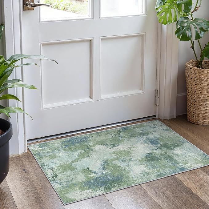 Washable Area Rug 2x4, Small Entryway Rug Non-Slip Vintage Door Mat Indoor Entrance, Low Pile Floor Carpet for Entrance, Hallway, Kitchen and Corridor,Green