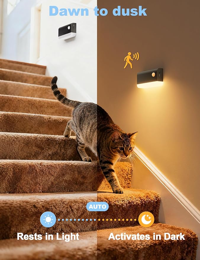VOLISUN Motion Sensor Night Light, Rechargeable Stair Lights Indoor, Battery Operated Night Light for Hallway, Stairway, Bathroom, Bedroom, Kitchen, 3 Modes & 3 Color Temperatures(3 Pack Black)