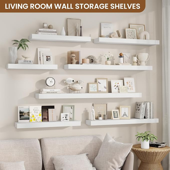 fuqing Floating Shelves for Wall, Wall Mounted Wood Floating Shelf with Invisible Brackets for Living Room, Bathroom, Bedroom, Kitchen Storage and Decor, 48 Inch Set of 2, White