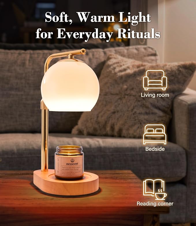 Ivory Glass Candle Warmer Lamp Adjustable Height with Timer 2 4 8H | Warm Gold Hardware | Dark Walnut Base | Dimmer Wax Melt Warmer Includes Candle and Bulbs