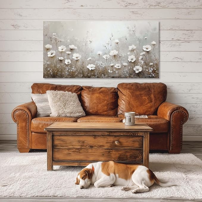Ggaafet White Floral Wall Art for Living Room Canvas Oil Painting Prints Flower Landscape Scenic Nature Art Deco Retro Rustic Artwork Office Bedroom Farmhouse Room Decor Extra Large