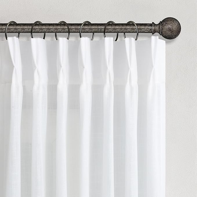 68 Inch Length White Linen Semi Sheer Curtains 2 Panel for Living Room Pinch Pleat Back Tab Light Filtering Textured Pleated Drape Boho Window Treatment for Bedroom Dining Bay Window 40 x 68 Long