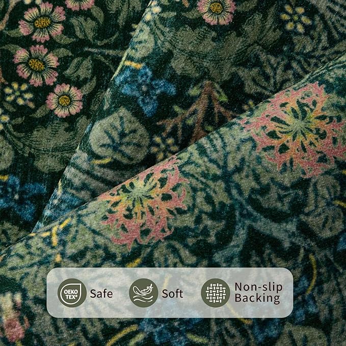 Rugxara 8x10 Area Rugs for Living Room, Large Washable Rug, Green Vintage Floral Boho Rug, Non Slip & Low Pile Faux Wool Thin Carpet for Indoor Dining Room and Bedroom(Dark Green 8x10ft)