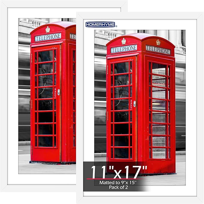11x17 Picture Frame, Vertical or Horizontal Wall Hanging Frame for Photos, Posters & Art Prints, Display Pictures 9x15 with Mat or 11 x 17 Without, White Frame with Clear Plexiglass, 2 Pack