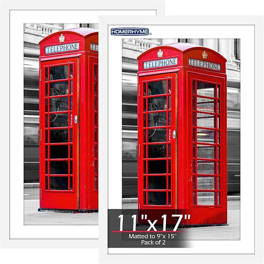 11x17 Picture Frame, Vertical or Horizontal Wall Hanging Frame for Photos, Posters & Art Prints, Display Pictures 9x15 with Mat or 11 x 17 Without, White Frame with Clear Plexiglass, 2 Pack