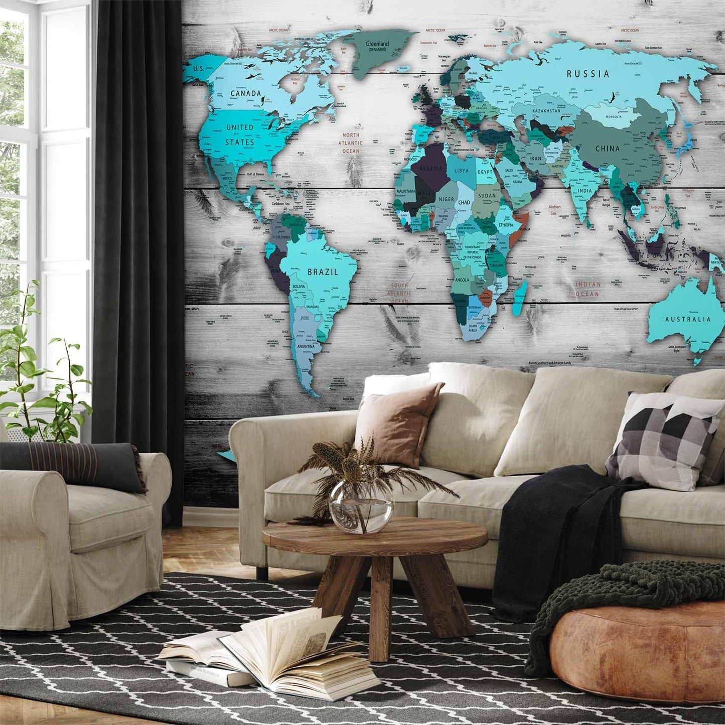 artgeist Wall Mural World Map 193x138 in - XXL Peel and Stick Self-Adhesive Wallpaper Removable Large Sticker Foil Wall Decor Print Picture Image Design Map of The World k-B-0009-a-d