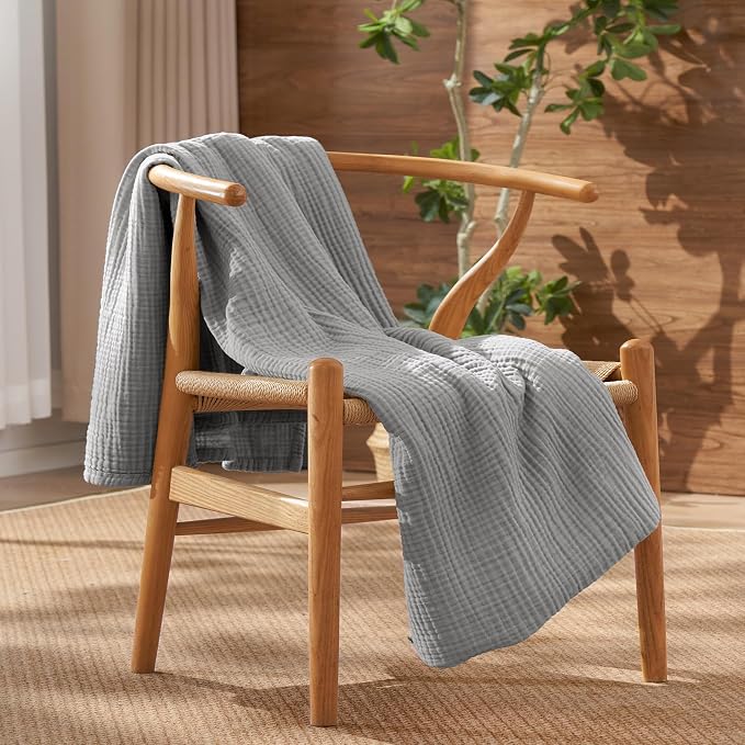 David's Home 100% Cotton Muslin Throw Blanket for College Dorm, 4-Layer Soft Breathable Lightweight Comfy Cozy Throw Guaze for Hot Sleepers, 3D Bubble Room Decor for Bed, Giftable, Dark Grey, 50"x70"