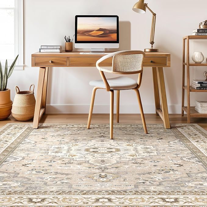 6x9 Area Rugs Living Room: Washable Boho Large Neutral Vintage Soft Rug Stain Resistant Farmhouse Non-Slip Indoor Floor Carpet for Bedroom Nursery Kids Playroom Office Dining Room- Beige Grey