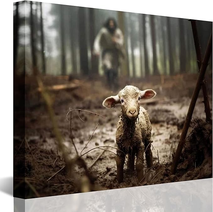 Jesus and Lamb Canvas Wall Art Jesus Running After Lost Lamb Picture Wall Art Canvas Print Christian Home Decor 30x24 inch (Landscape)