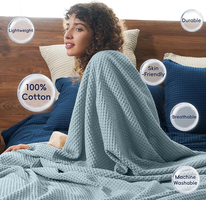 PHF Pre-Washed 100% Cotton Waffle Weave Blanket Queen Size for Bed,Snag Proof Throw Blanket for Couch Spring Summer Lightweight Breathable,Machine Washable, Home Decor Gift - Dusty Blue