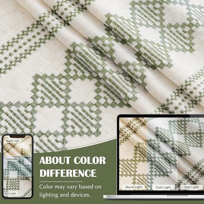 jinchan Boho Curtains Linen Blend Beige Farmhouse Curtains 63 Inches Long for Living Room Sage Green Square Embroidered Bordered Back Tab Bedroom Window Light Filtering Bohemian Drapes 2 Panels